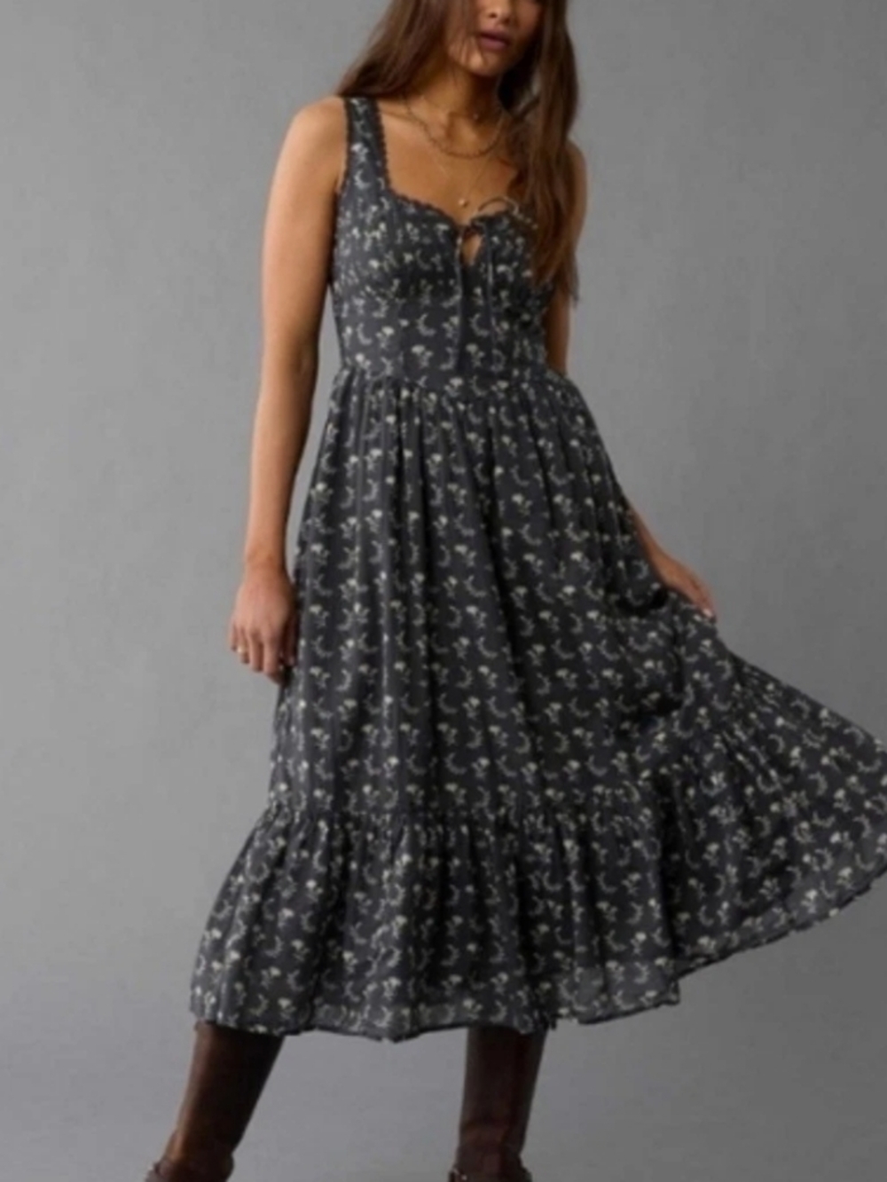 American Eagle Outfitters Charcoal Floral Tie-Front Midi Dress